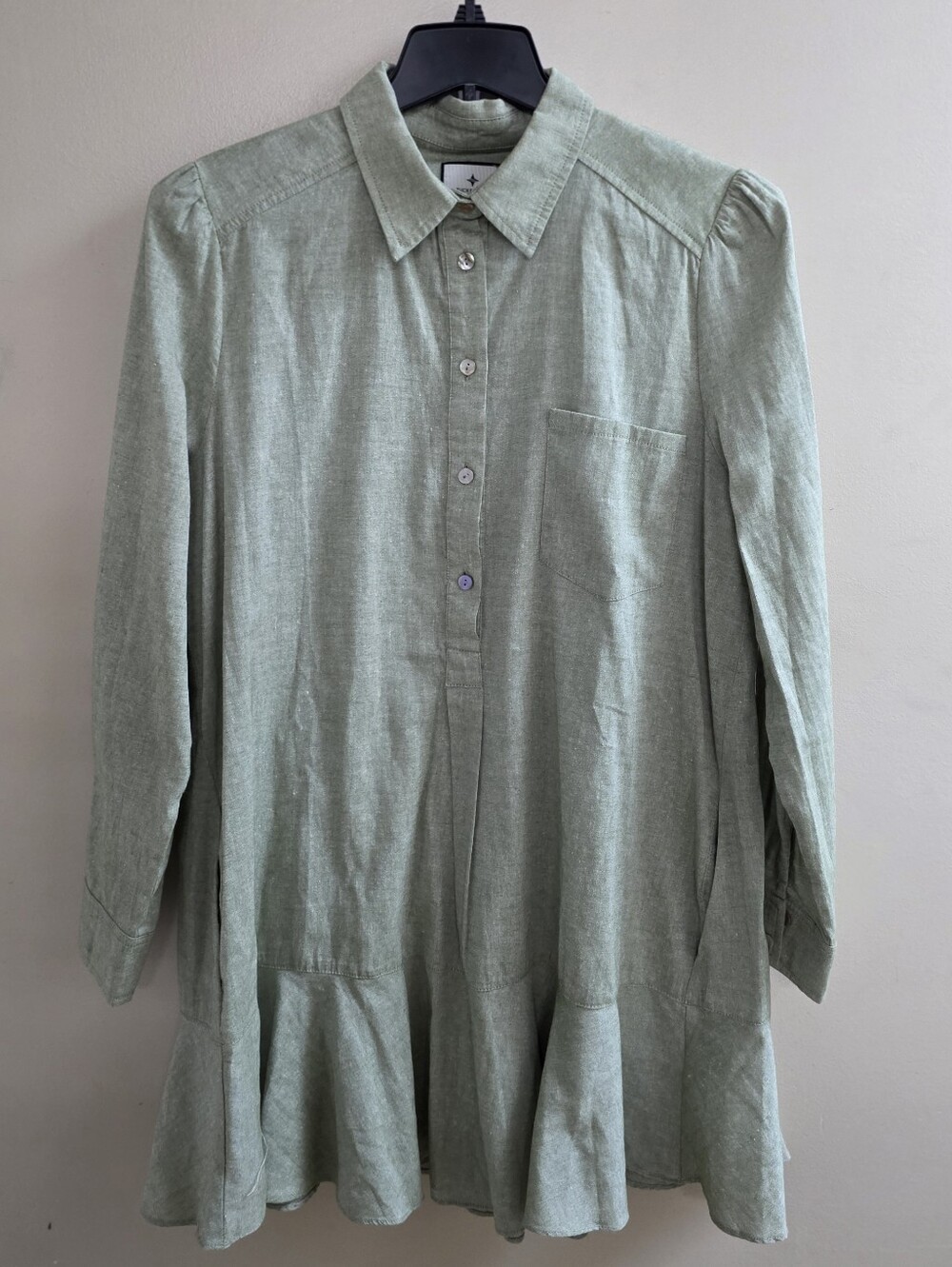 Tuckernuck Sage Green Shirt Dress XL 100% Cotton Ruffle Bottom Pockets